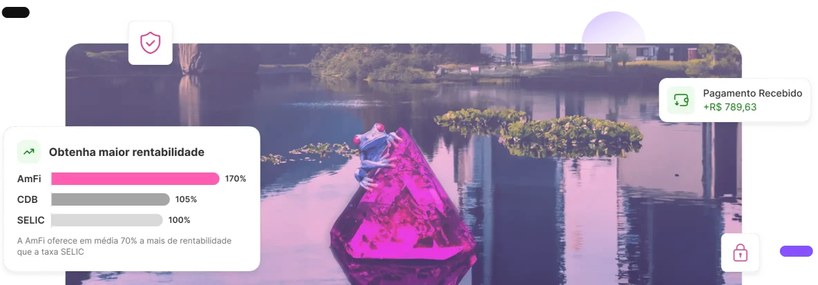 A person in a pink boat floats on a calm lake with city buildings reflected in the water. Overlays show financial statistics, a shield icon, and a notification of payment received for R$789,63.