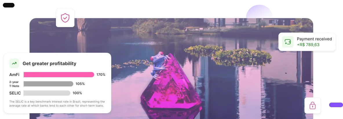 A person sits on a large, glowing pink crystal floating on a calm lake with city buildings reflected in the water. Overlays show financial data, a payment received, and a shield icon at the top left.