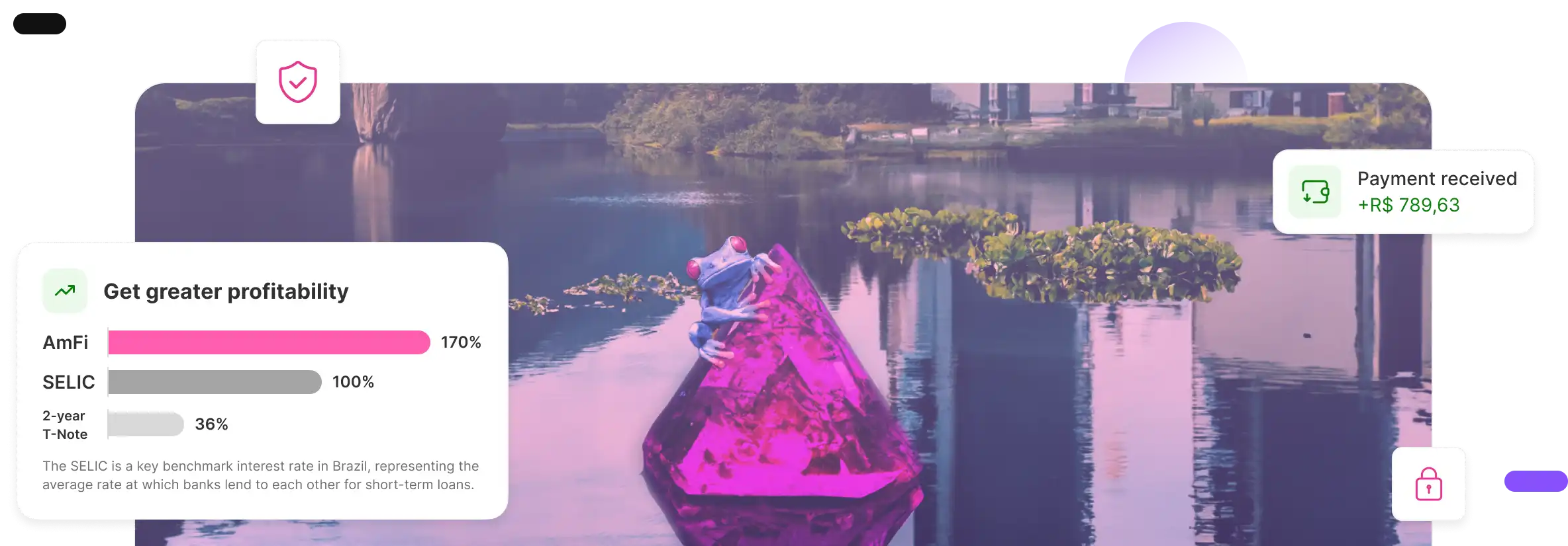 A frog sits on a large, glowing pink crystal floating on a calm lake; digital overlays display financial data, including profitability rates, benchmark interest, and a payment received notification in Brazilian reais.