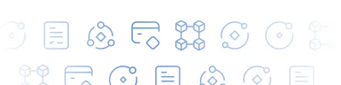 A row of blue, minimalist technology and document-related icons, including network nodes, documents, wallets, and blockchain cubes, displayed on a white background. The icons gradually fade in opacity from left to right.